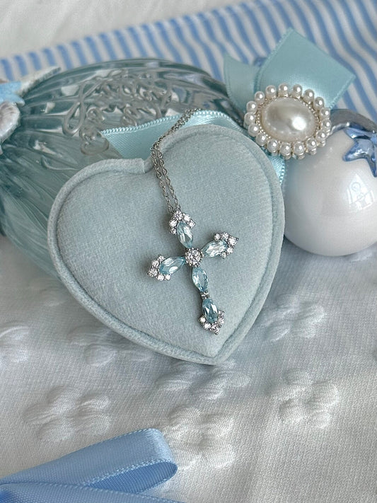 LolaWhite "Wishing Well's Greek Maiden" S925 Sterling Silver Blue Topaz Cross Pendant Necklace – Distinctive & Mythical