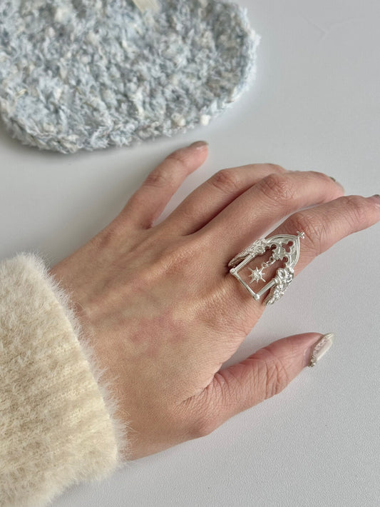 LolaWhite "Starlight Through the Window" Vintage Window Ring with Starry Sparkle - Unique, Artistic & Sophisticated