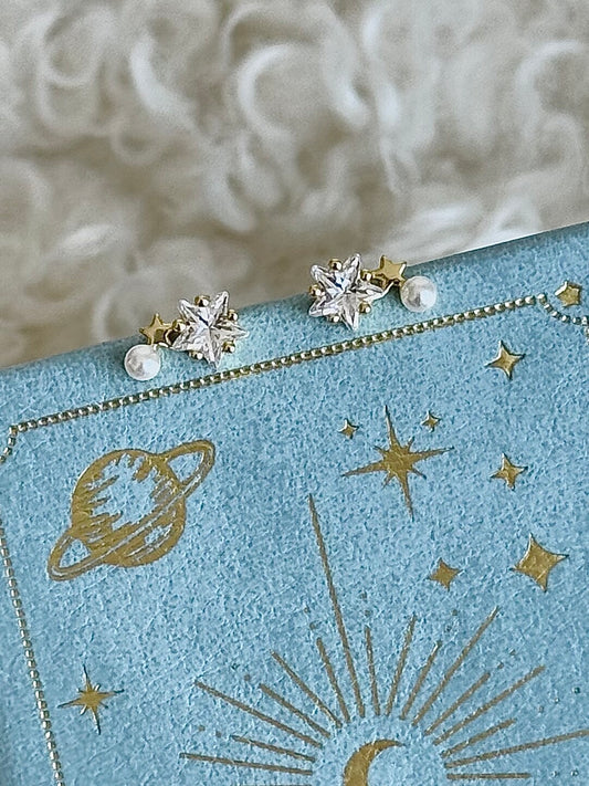 롤라화이트 스타 & 펄 S925 스털링 실버 14K 골드 도금 스터드 귀걸이 - 한국 스타일, 섬세함, 개성 있는 디자인