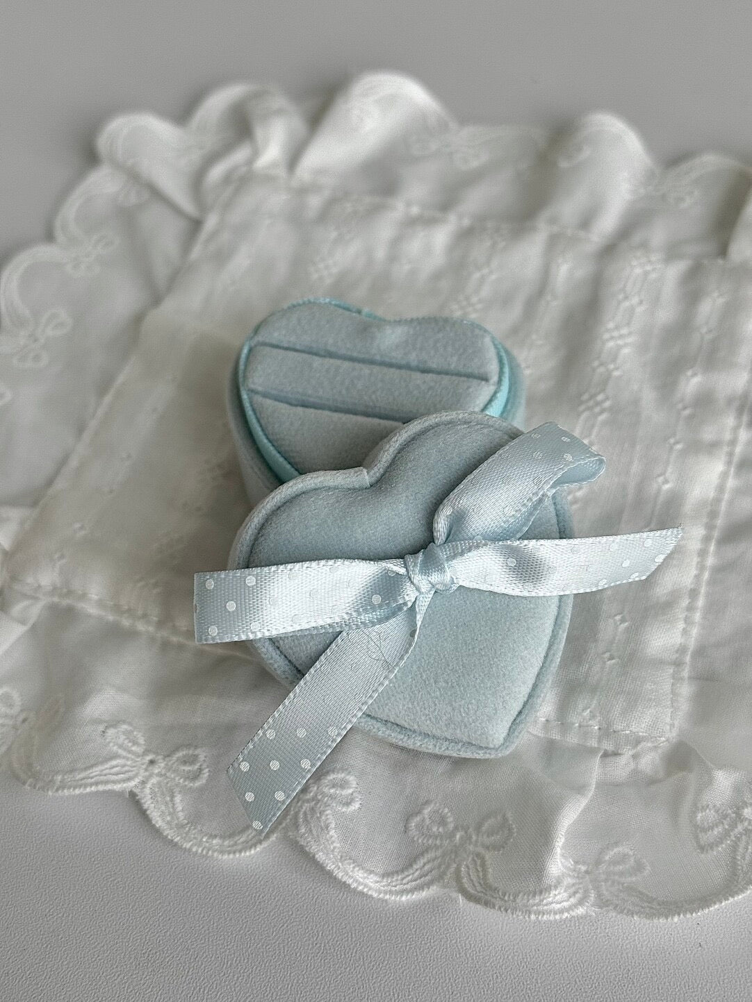 LolaWhite Custom-designed Light Blue Polka Dot Bow Velvet Heart Ring Box - Exclusive & Elegant
