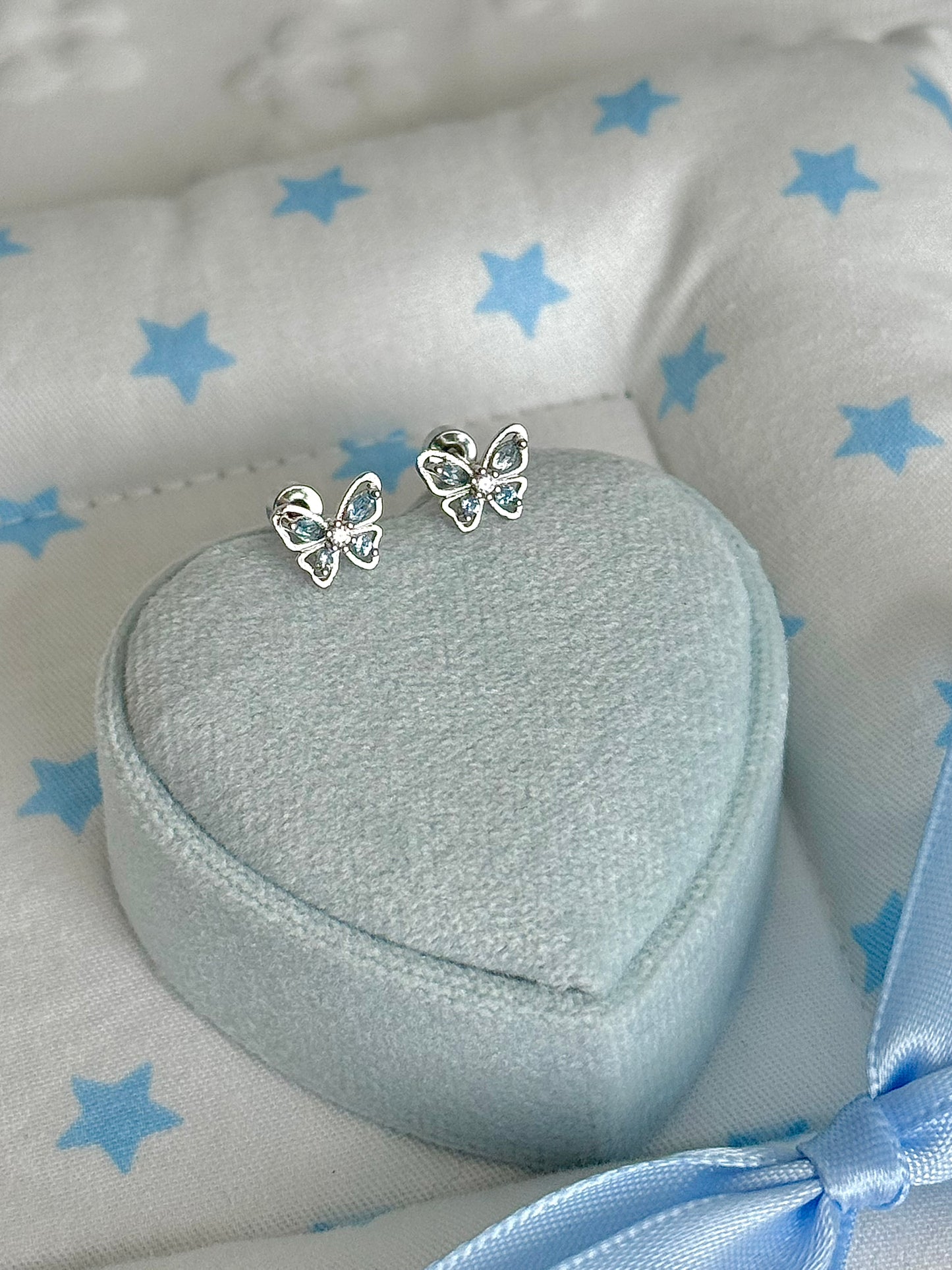 LolaWhite "Butterfly's Prayer" Ice Blue Butterfly & Cross Ear Studs