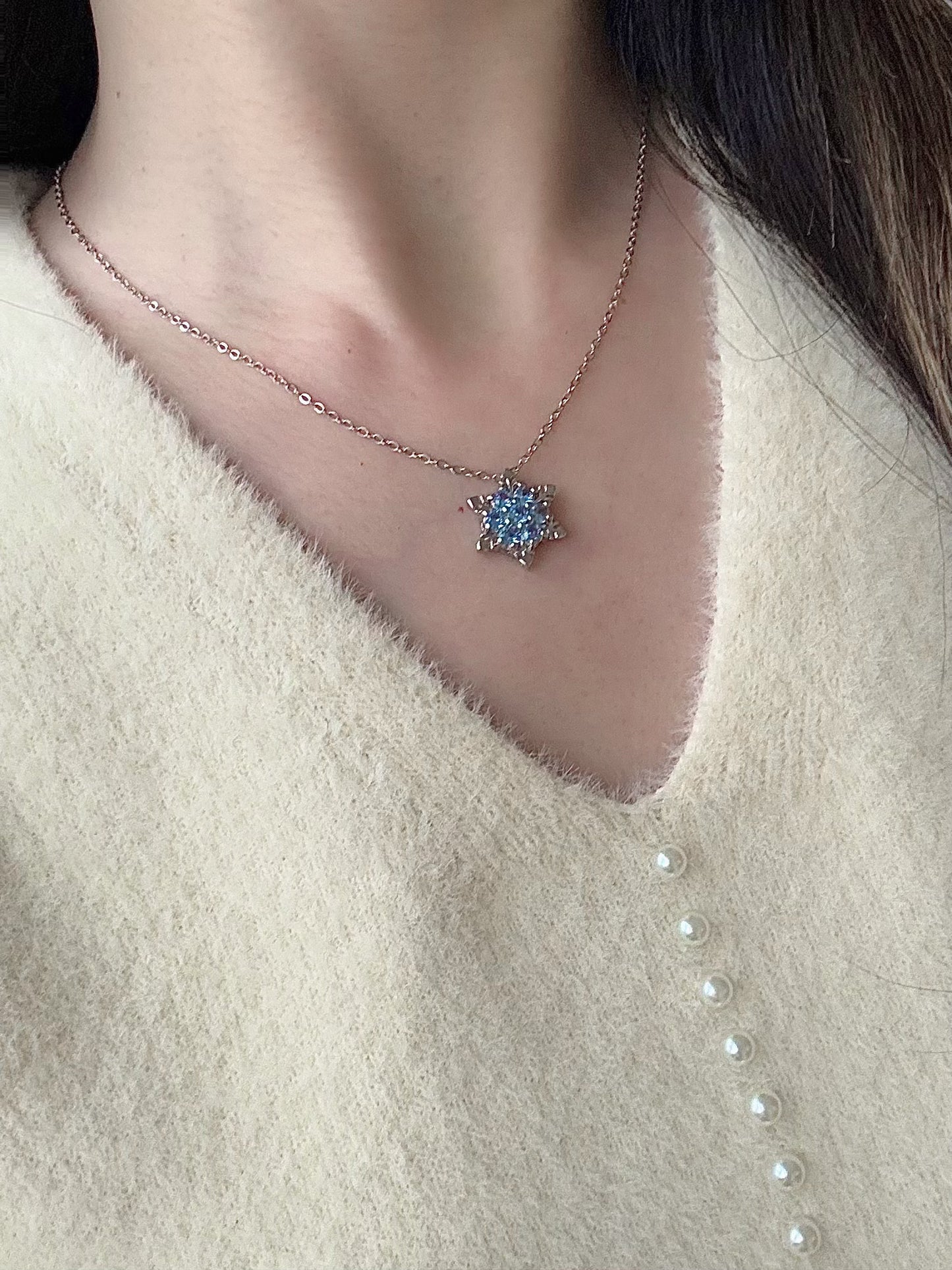 Winter Love Letter Necklace Deep Blue Pave Snowflake
