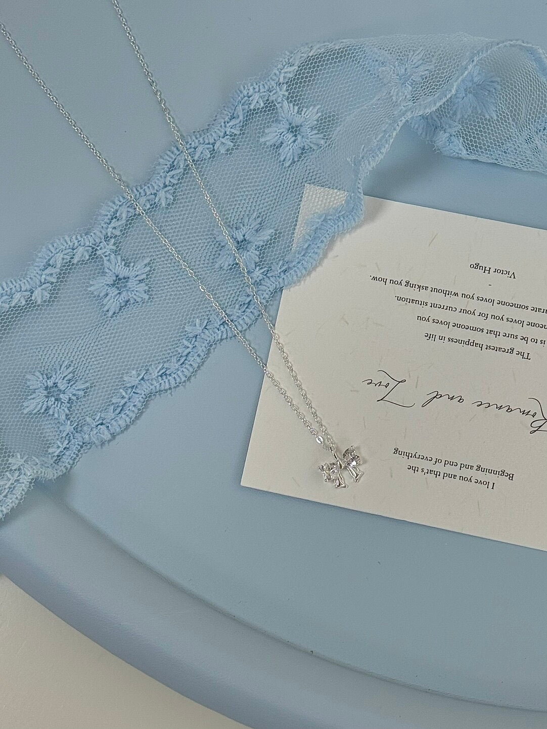 LolaWhite "Ballet Feathers" Solid S999 Sterling Silver Zircon Bow Necklace - Sweet, Light Luxury & Artistic