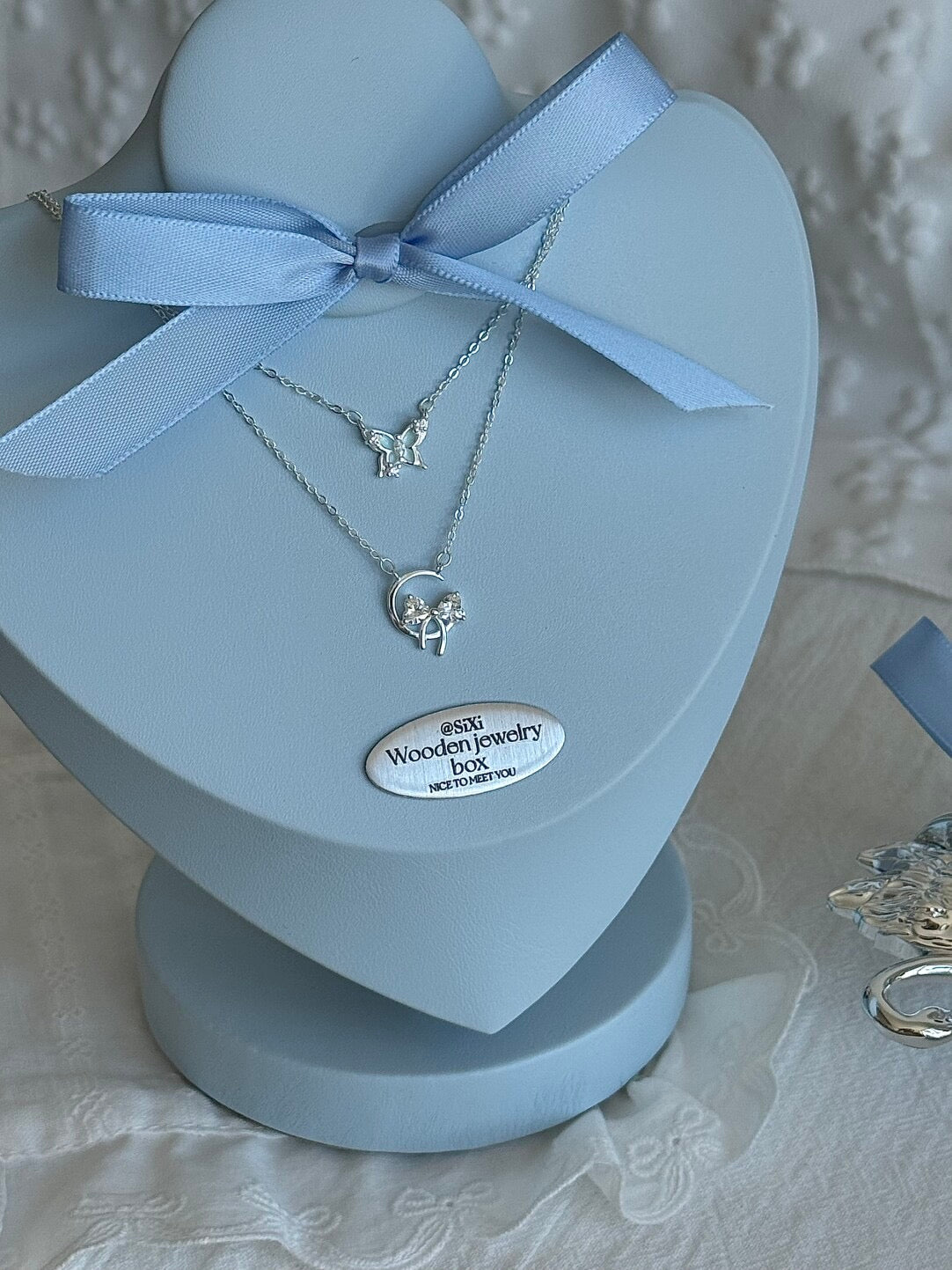 LolaWhite "Star-Moon Goddess" Solid S999 Pure Silver Crescent Moon & Bow Pendant Necklace with Zircon - Sweet & Feminine