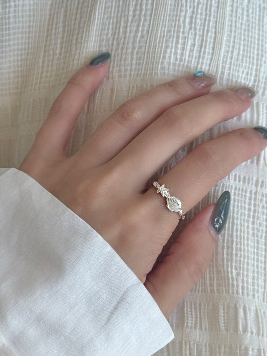 LolaWhite "Island Breeze" Solid S999 Pure Silver Starfish & Shell Ring - Resort Style Beach Birthday Gift