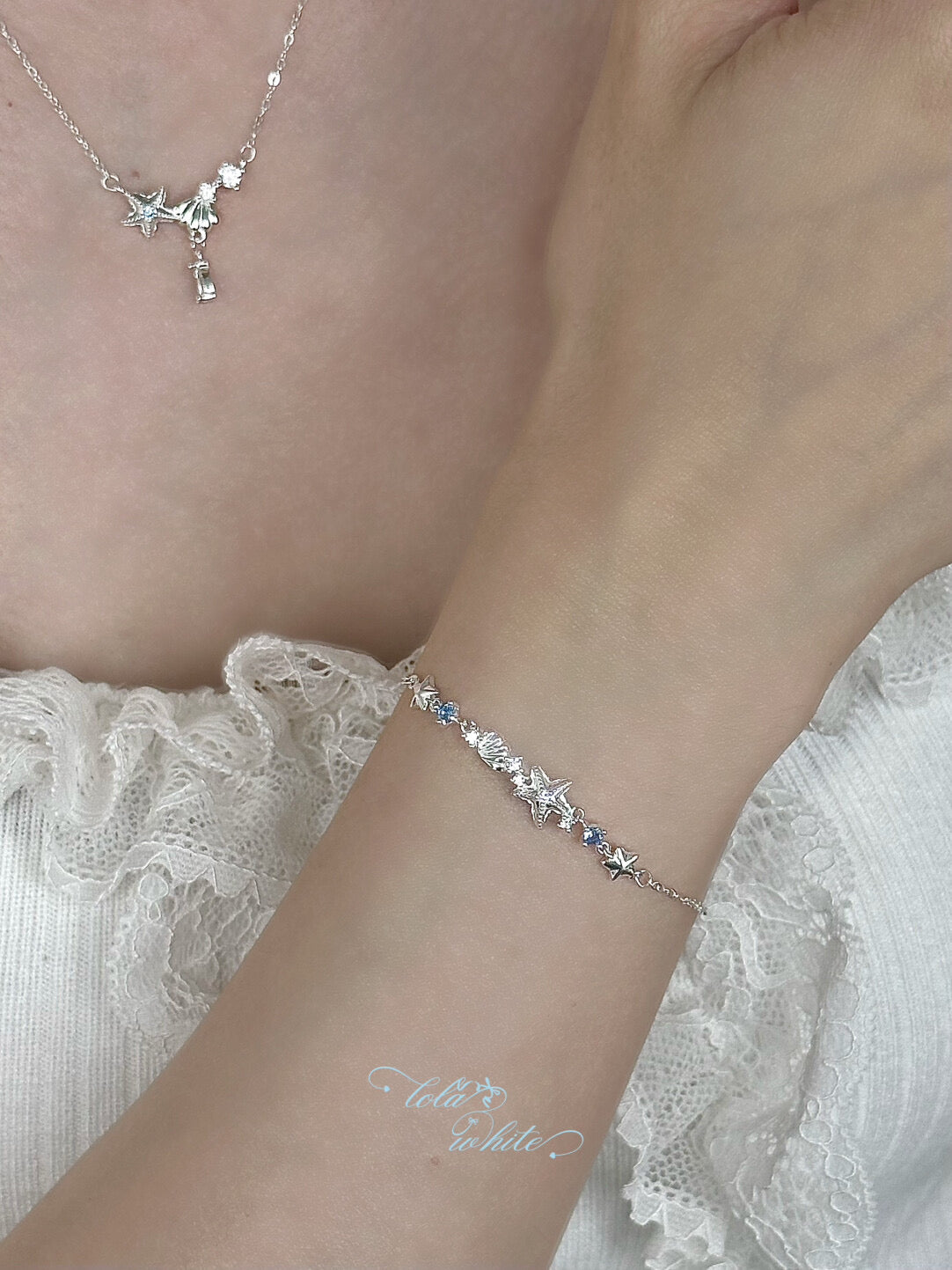 LolaWhite "Positano Summer" S999 Solid Sterling Silver Starfish & Shell Jewelry Set with Blue Zircon - Nautical Holiday Collection