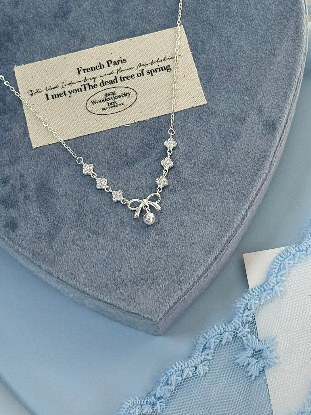 LolaWhite "Lucky Christmas Bow" Solid S999 Sterling Silver Four-Leaf Clover & Bow Necklace