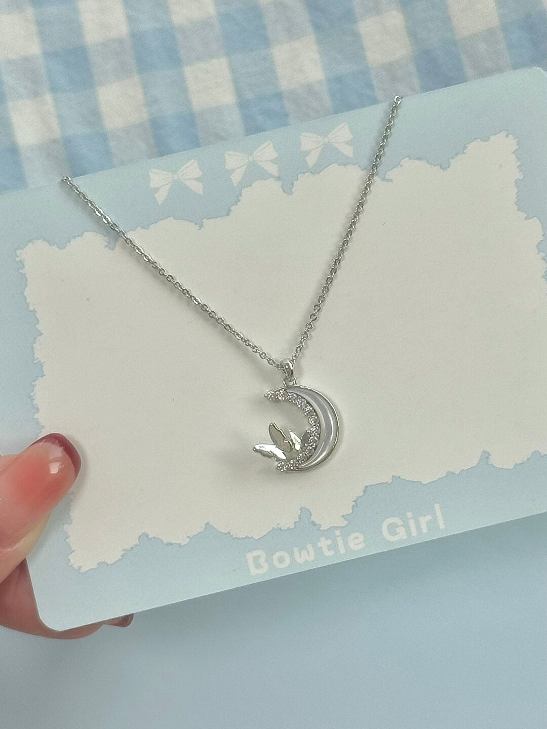 LolaWhite "Butterfly Gathering Moonlight" Designer Butterfly Zircon & Mother-of-Pearl Moon Necklace (Silver Plated)