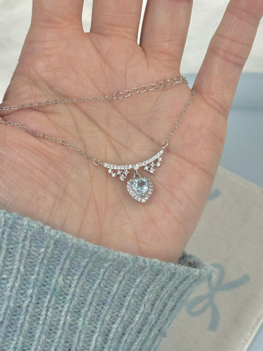 LolaWhite "Glacial Lake Era" Solid S925 Sterling Silver Necklace with Ice Blue Heart Zircon – Designer & Unique