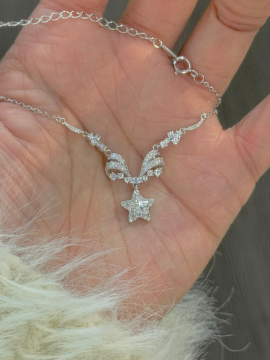 Dear Lola "Lace-Embroidered Stars" Solid S925 Sterling Silver Star Wing Collarbone Necklace – Delicate & Luxurious