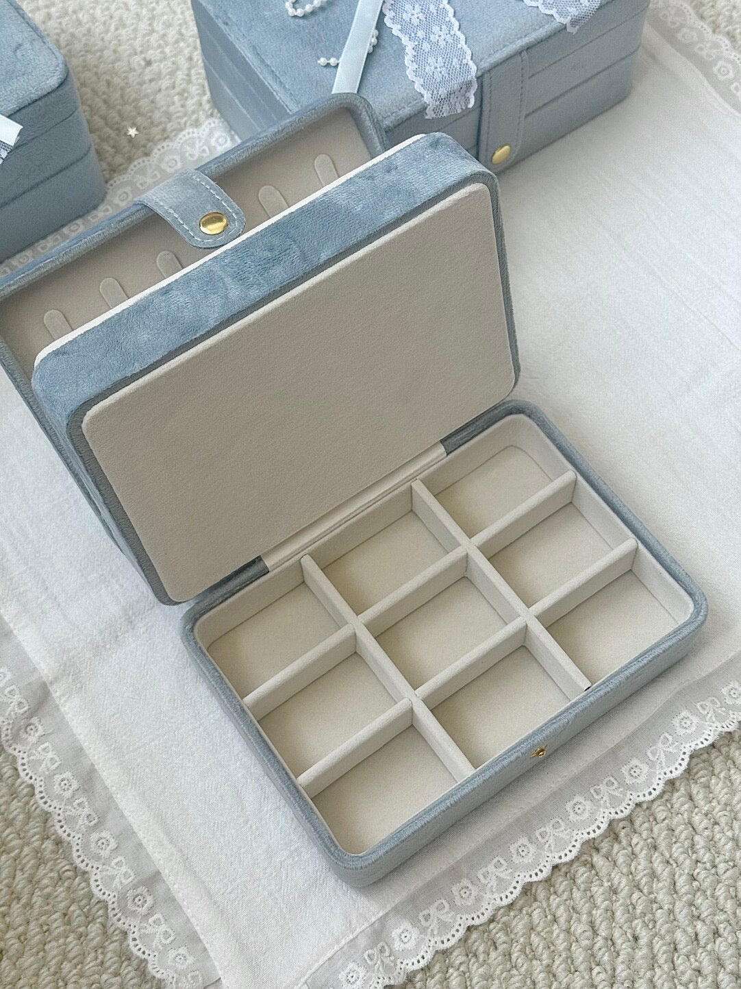 LolaWhite Double-layer Bow Lace Haze Blue Velvet Jewelry Box - Premium & Spacious