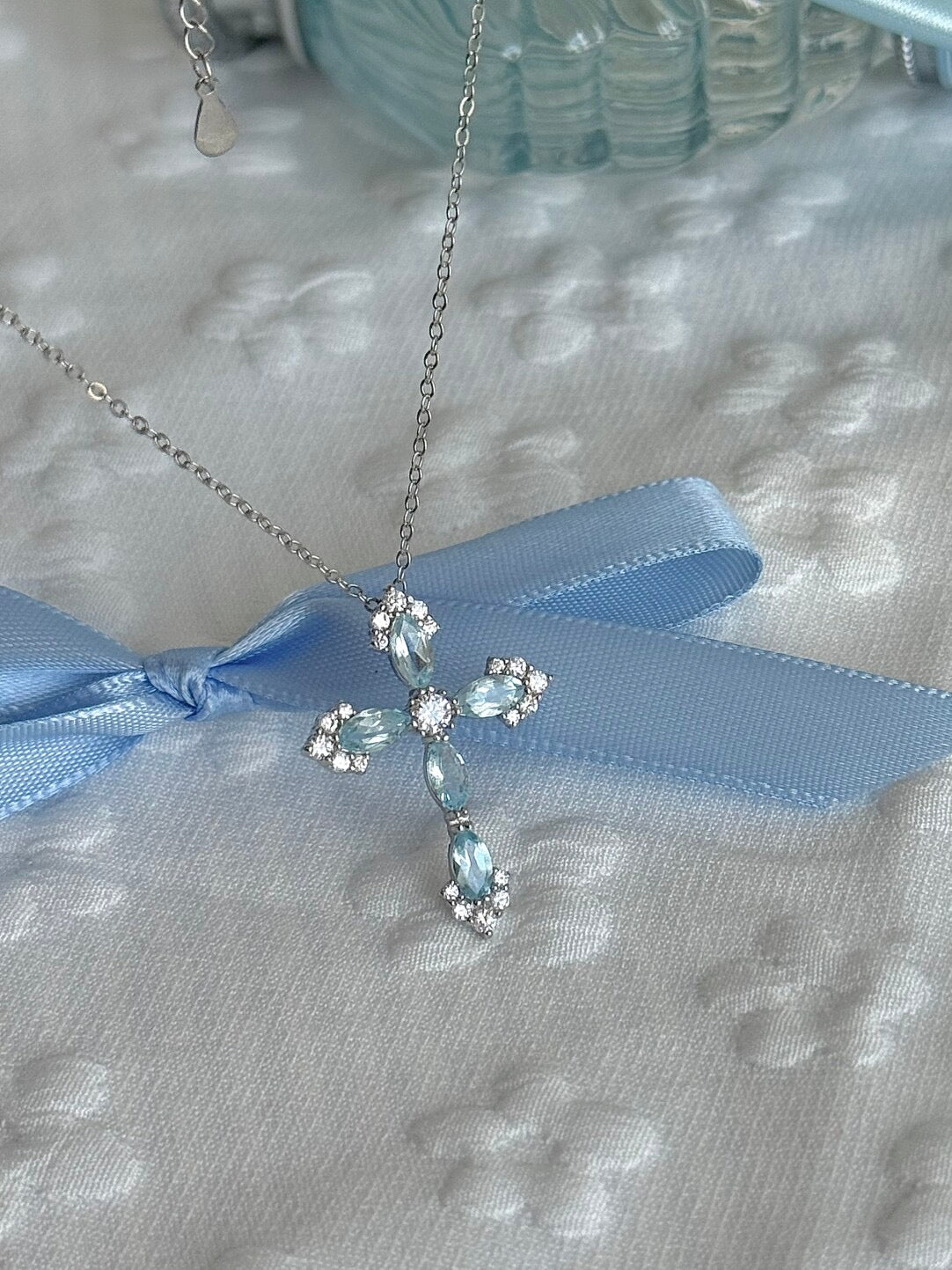 LolaWhite "Wishing Well's Greek Maiden" S925 Sterling Silver Blue Topaz Cross Pendant Necklace – Distinctive & Mythical