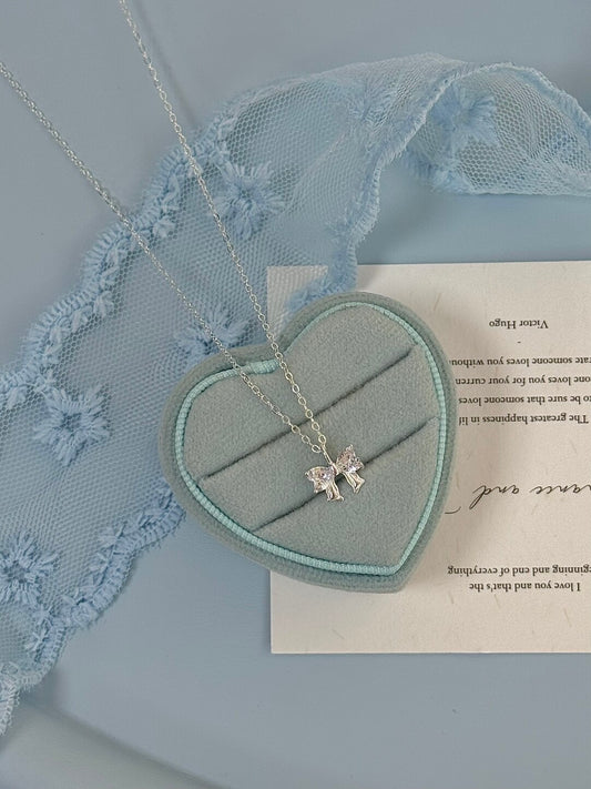LolaWhite "Ballet Feathers" Solid S999 Sterling Silver Zircon Bow Necklace - Sweet, Light Luxury & Artistic