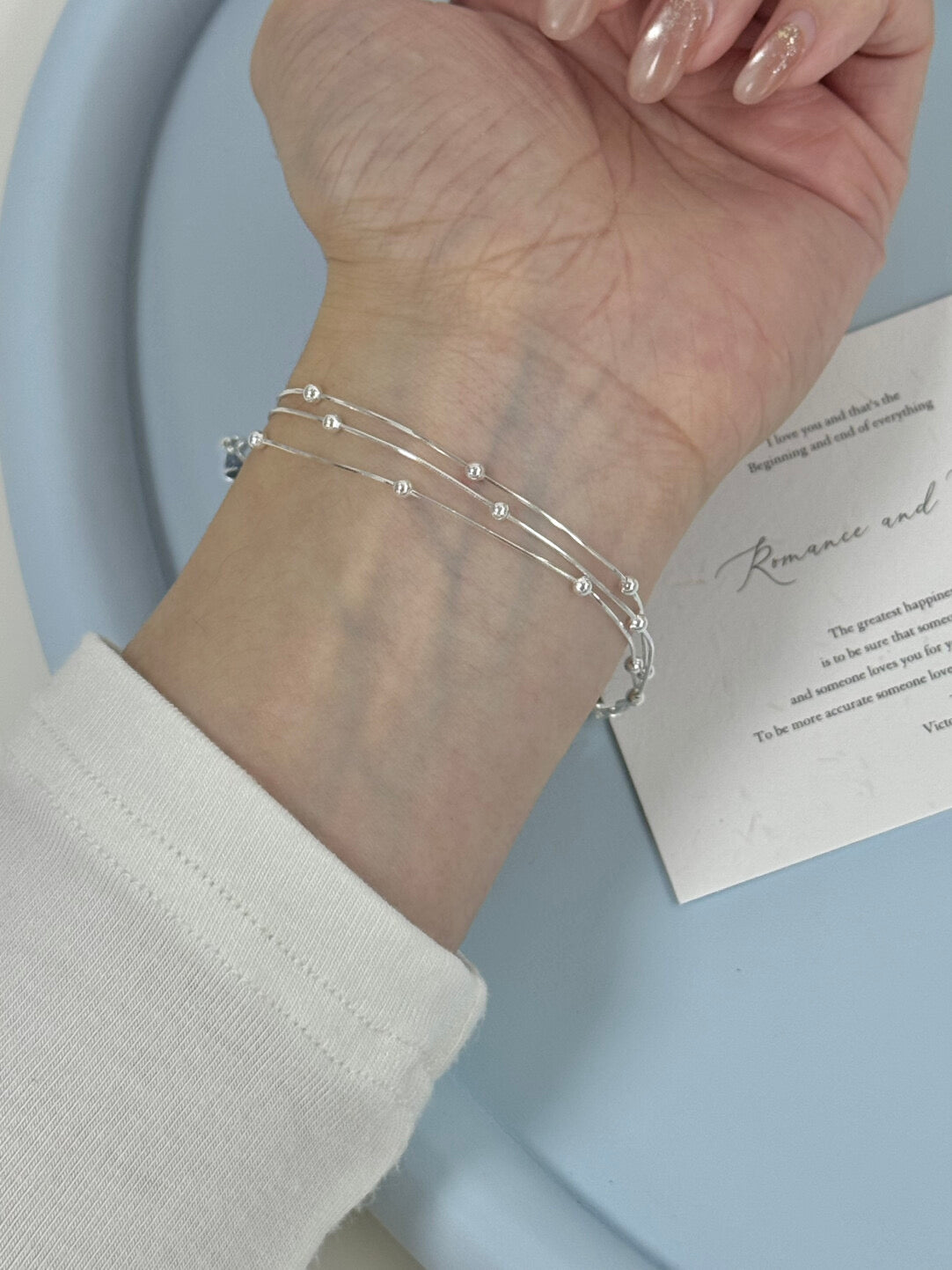 LolaWhite "Stirred Strings" Korean Style S925 Sterling Silver Triple-Layer Snake Chain Bracelet with Bead Accents - Minimalist & Chic