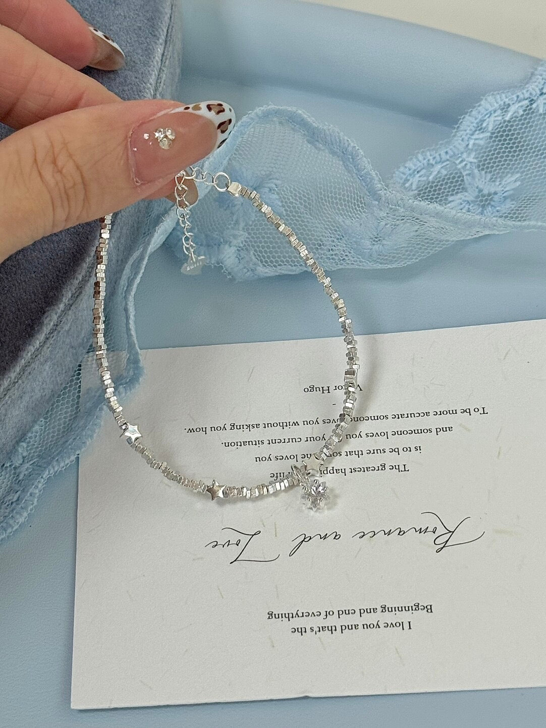 LolaWhite "Stardust Chronicles" Solid S999 Sterling Silver Star & Crushed Silver Accents Bracelet - Dainty, Versatile & Sweet - Korean Ins Style