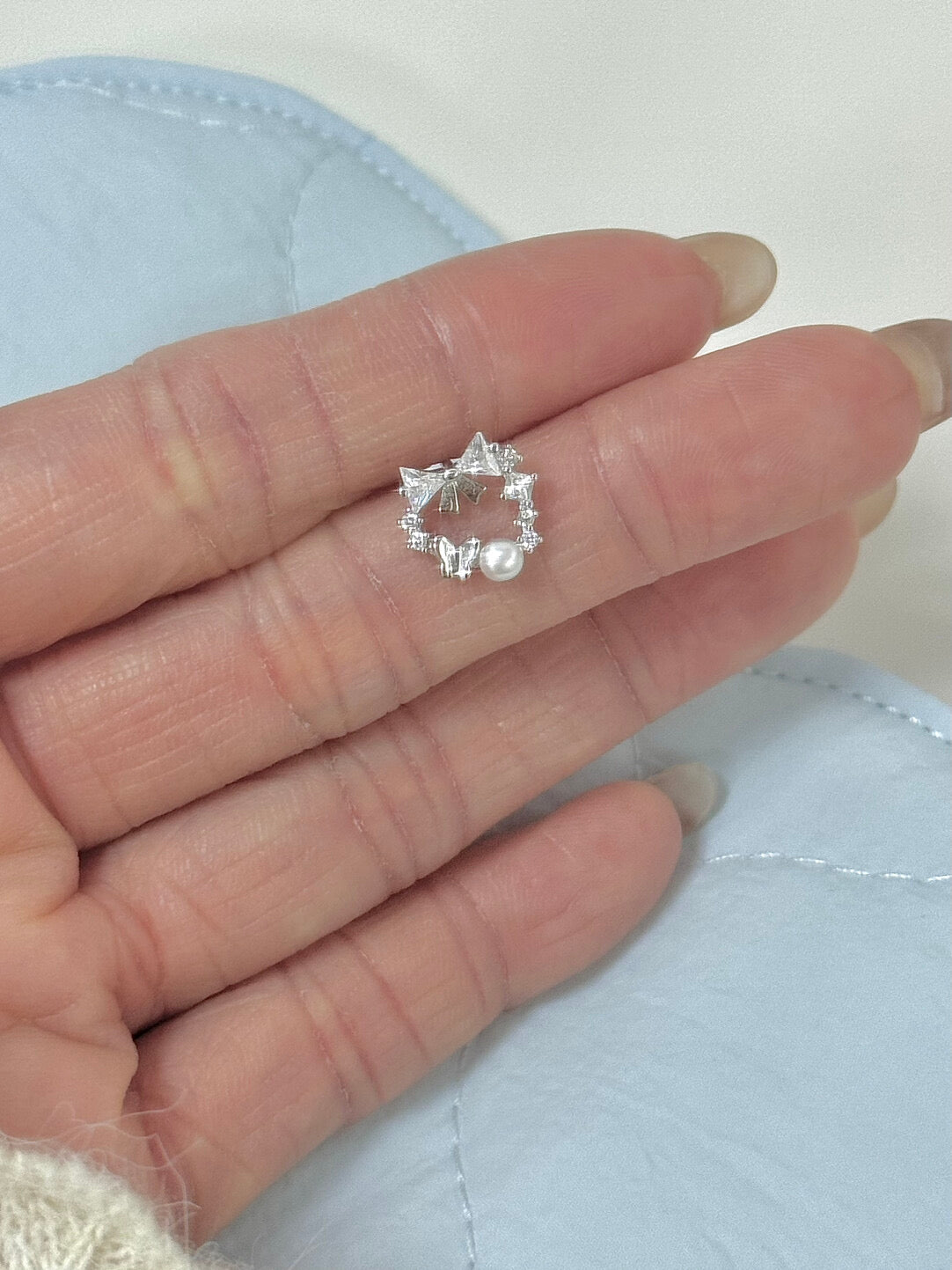 LolaWhite "Enchanted Fairyland" S925 Sterling Silver Bow & Floral Wreath Pearl Earrings – Ethereal & Festive