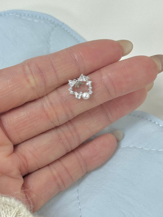 LolaWhite "Enchanted Fairyland" S925 Sterling Silver Bow & Floral Wreath Pearl Earrings – Ethereal & Festive