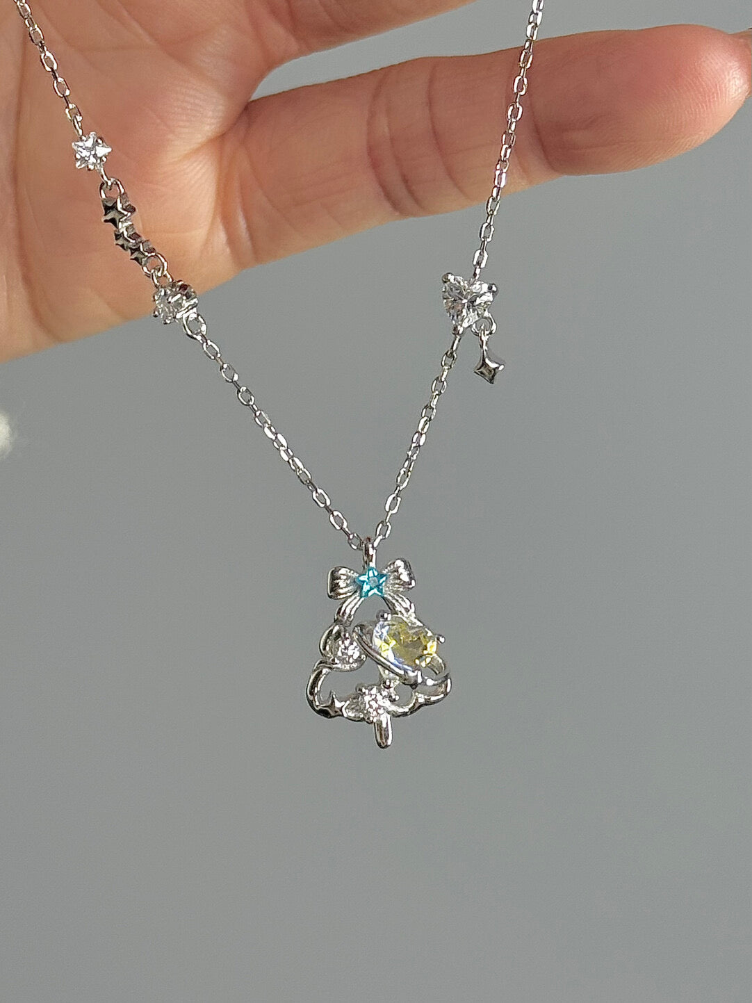 DearLola "Melting Snow Sweetheart" S925 Sterling Silver Pink & Blue Zircon Christmas Tree Necklace - Dreamy & Festive