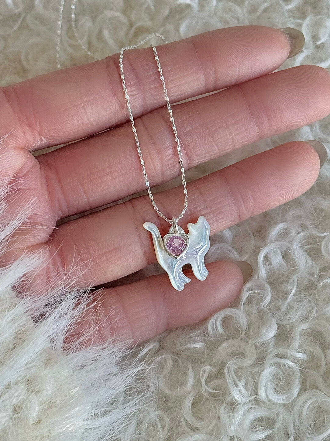 LolaWhite "Cloud Kitten" S925 Sterling Silver Mother-of-Pearl Cat Pendant Necklace with Heart Zircon - Playful & Sweet