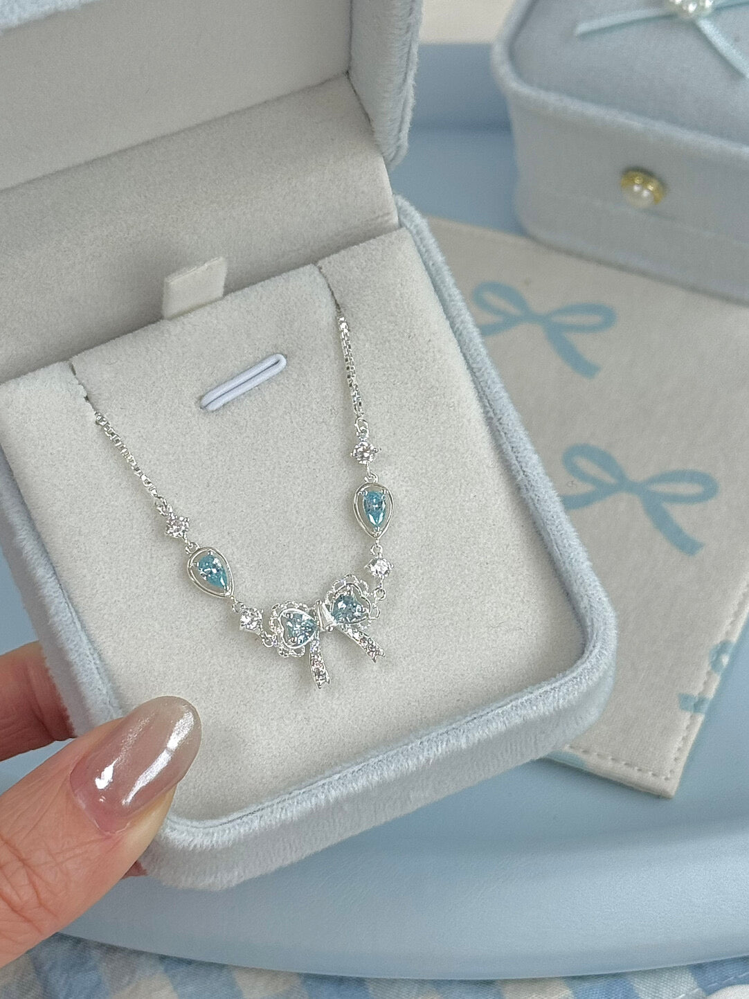 LolaWhite "Lingering Rainlight" Blue Zircon Lace Bow Bracelet – Silver Plated, Dazzling & Sweet