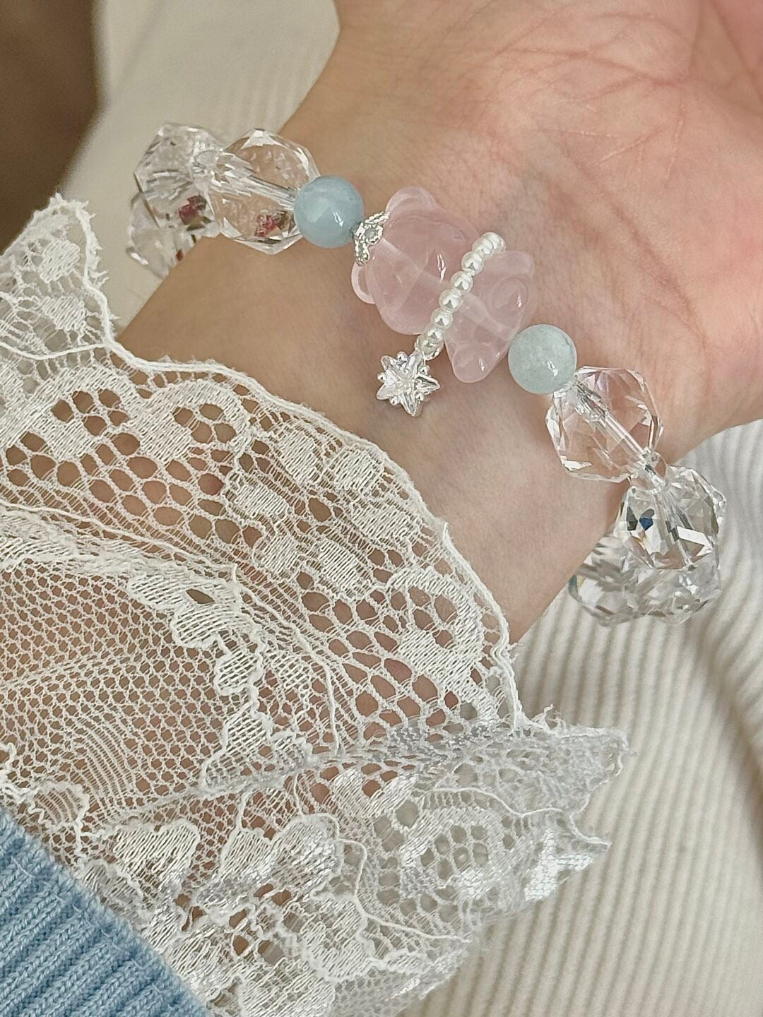 LolaWhite "Gummy Bear" White Faceted Bead Bracelet with Bear Charm