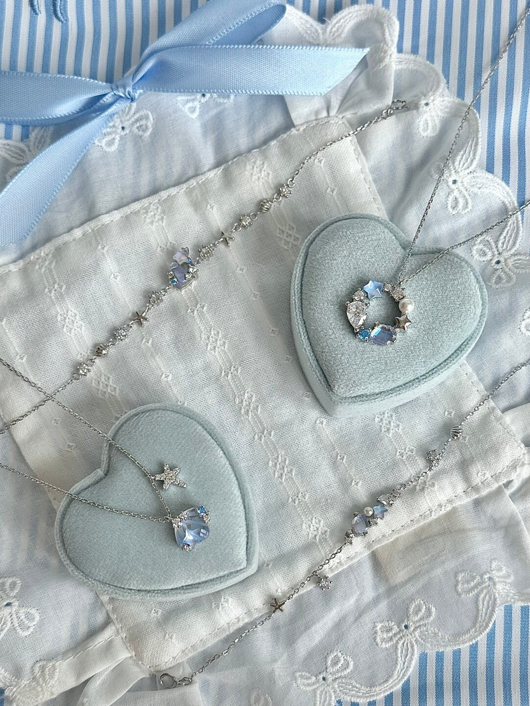 LolaWhite "Moonlight Coast" Solid S925 Sterling Silver Iridescent Starfish & Shell Necklace & Bracelet Set - Dreamy Marine Style