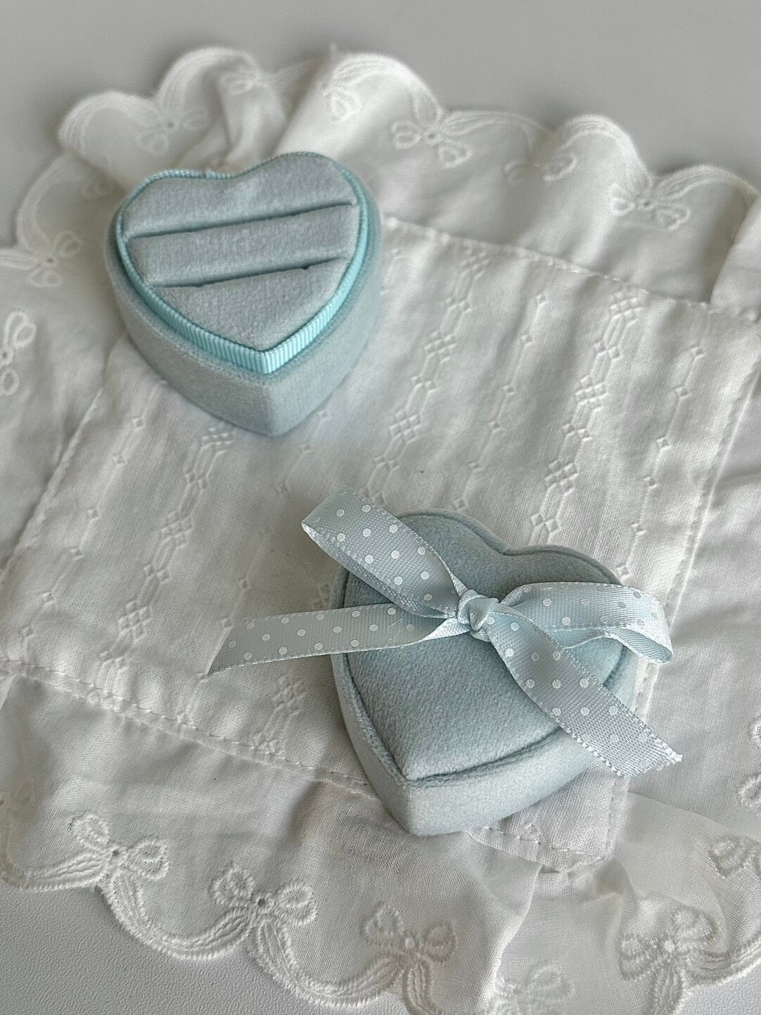 LolaWhite Custom-designed Light Blue Polka Dot Bow Velvet Heart Ring Box - Exclusive & Elegant