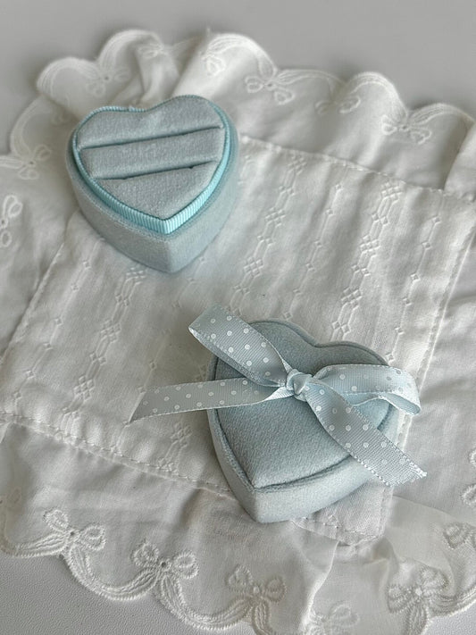 LolaWhite Custom-designed Light Blue Polka Dot Bow Velvet Heart Ring Box - Exclusive & Elegant