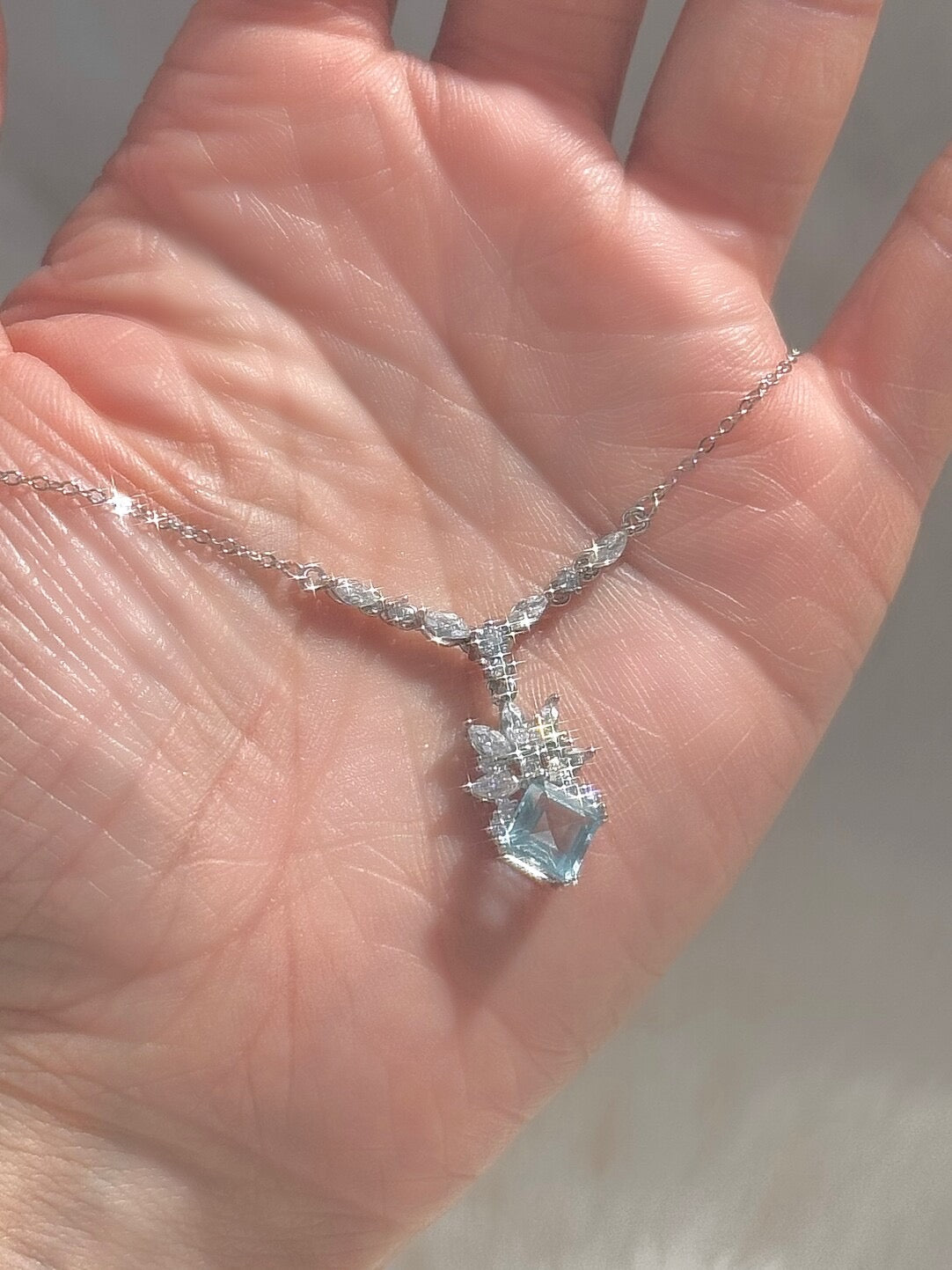 LolaWhite "Glimmering Blue Coronet" S925 Sterling Silver Teardrop Floral Crown Necklace with Square-Cut Zircons - Elegant & Regal