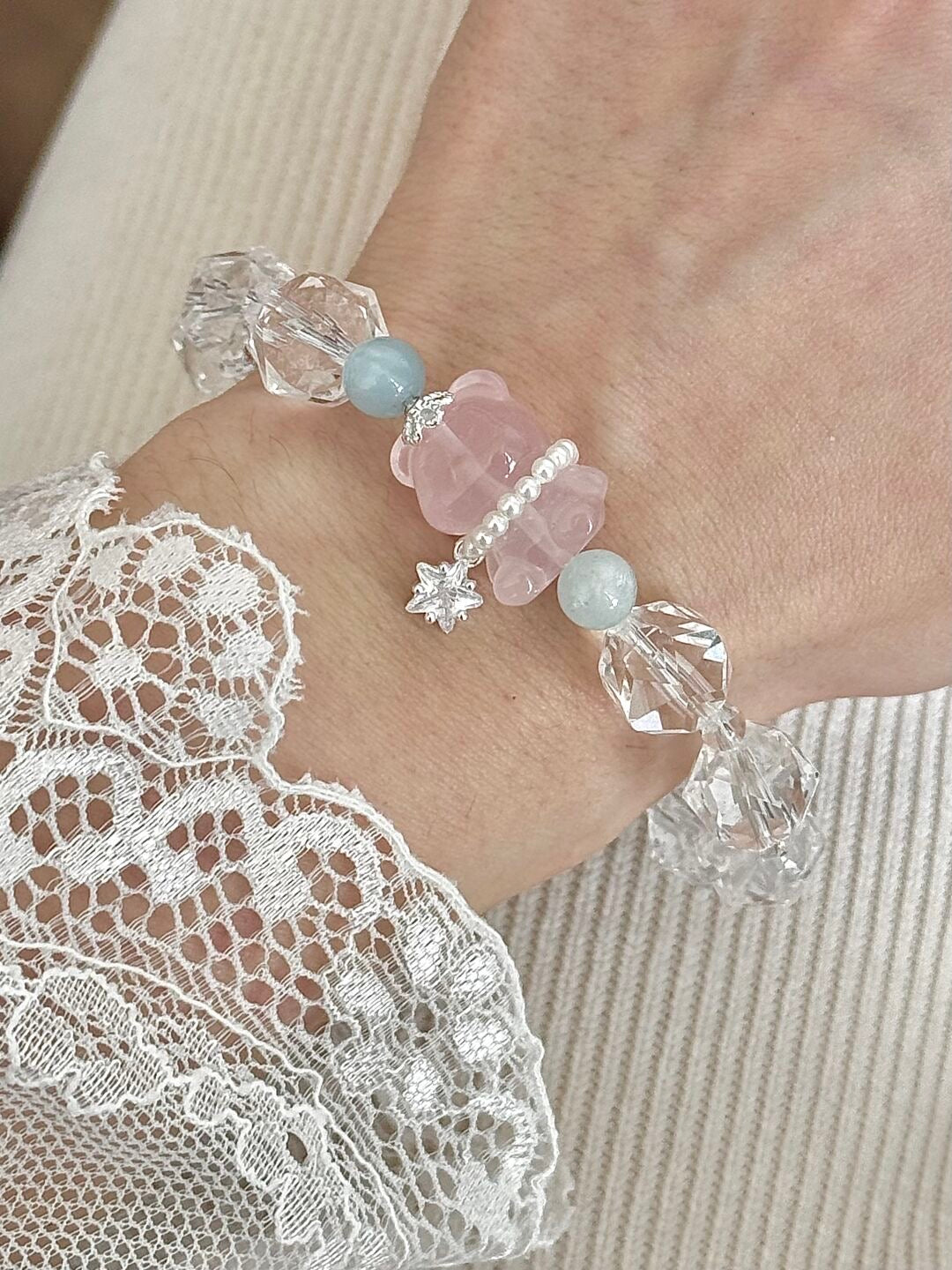 LolaWhite "Gummy Bear" White Faceted Bead Bracelet with Bear Charm