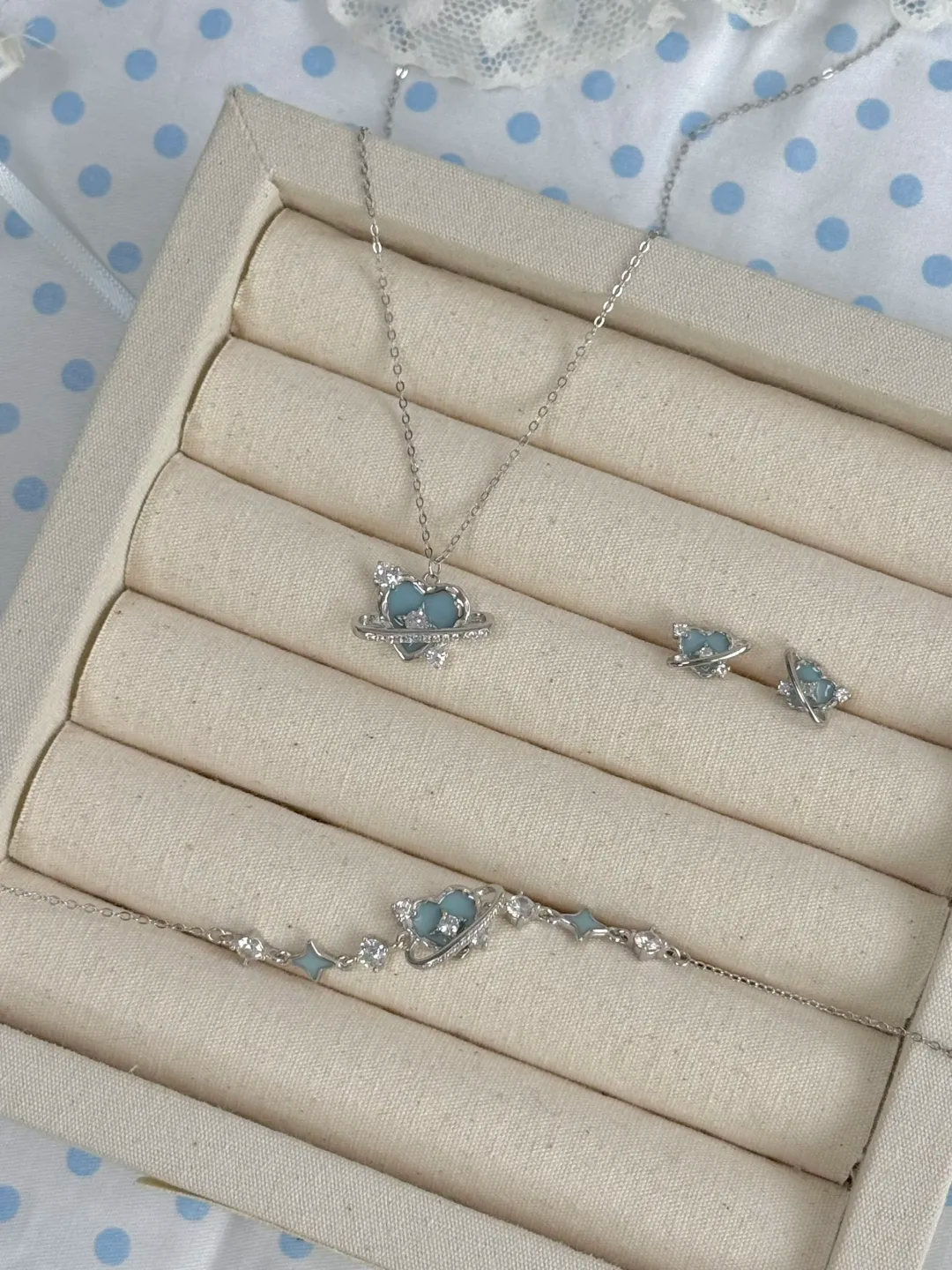 LolaWhite "Sweet Planet" S925 Sterling Silver Blue Heart & Star Trail Collection – Necklace, Bracelet & Earrings
