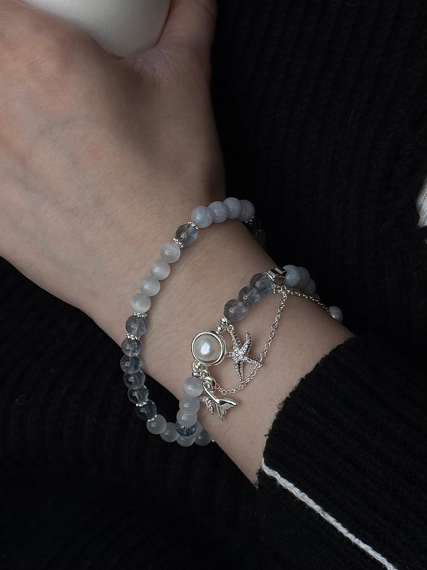 LolaWhite "Abyssal Whispers" Cat's Eye Starfish & Mermaid Tail Double Wrap Bracelet