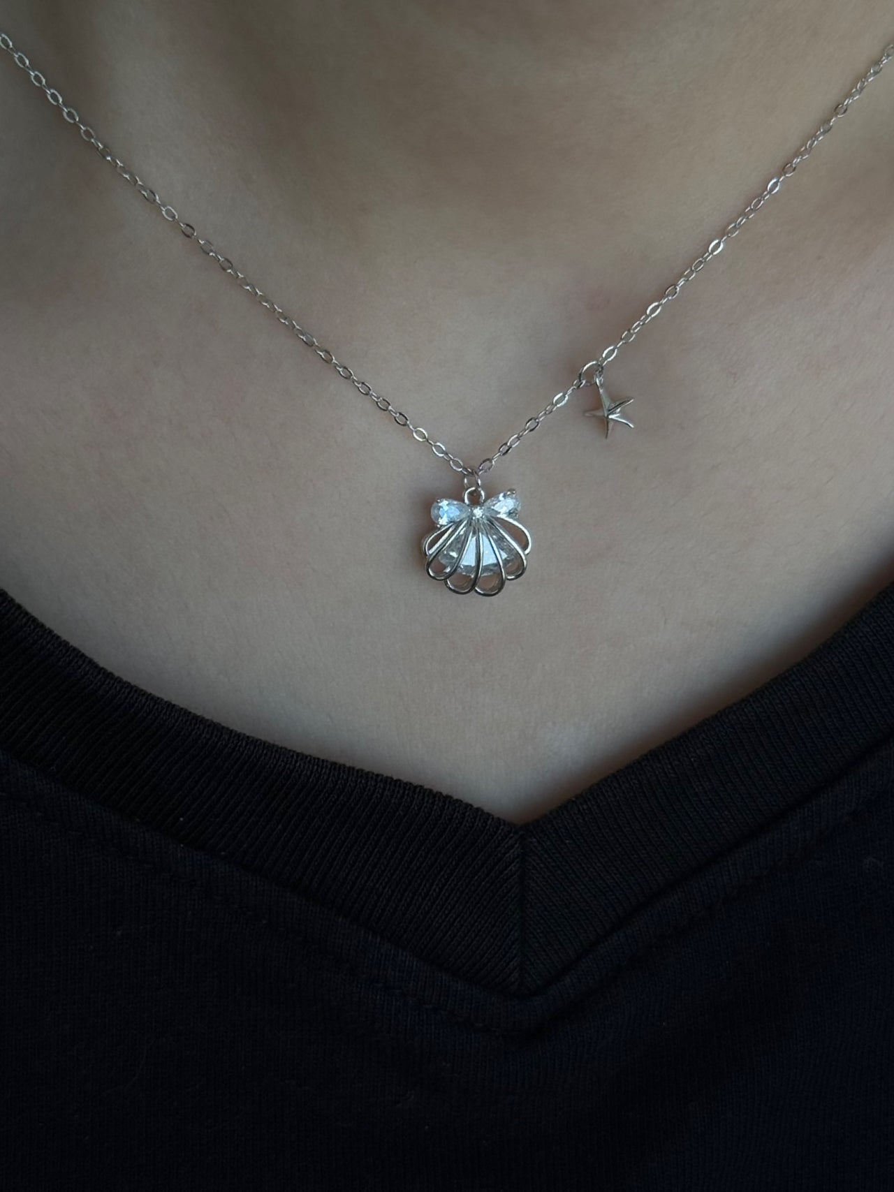 Dear Lola "Satin Starlight Kiss" Solid S999 Silver Shell Necklace