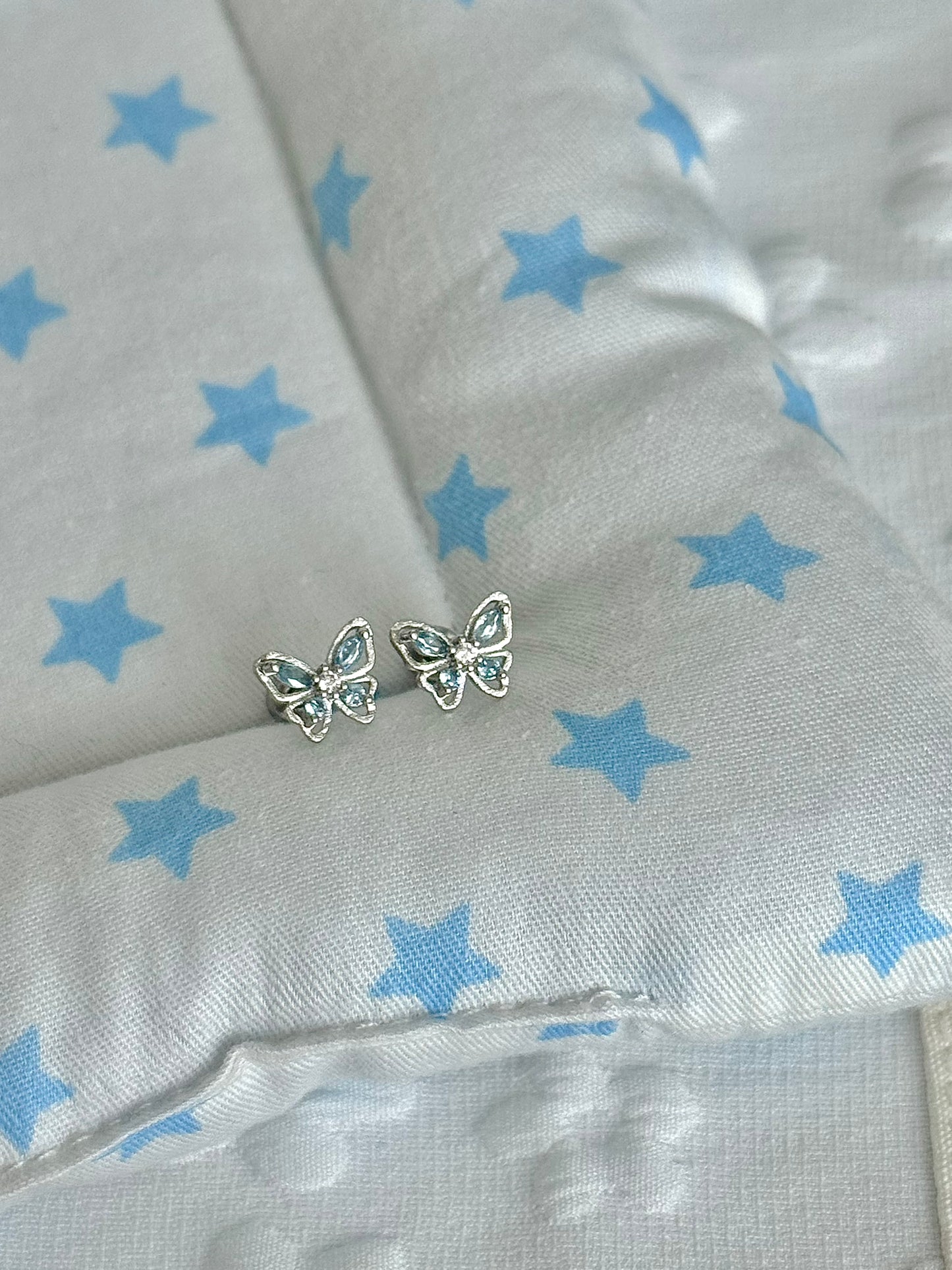 LolaWhite "Butterfly's Prayer" Ice Blue Butterfly & Cross Ear Studs