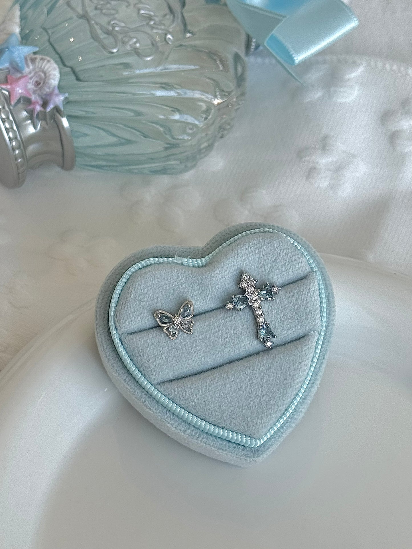 LolaWhite "Butterfly's Prayer" Ice Blue Butterfly & Cross Ear Studs