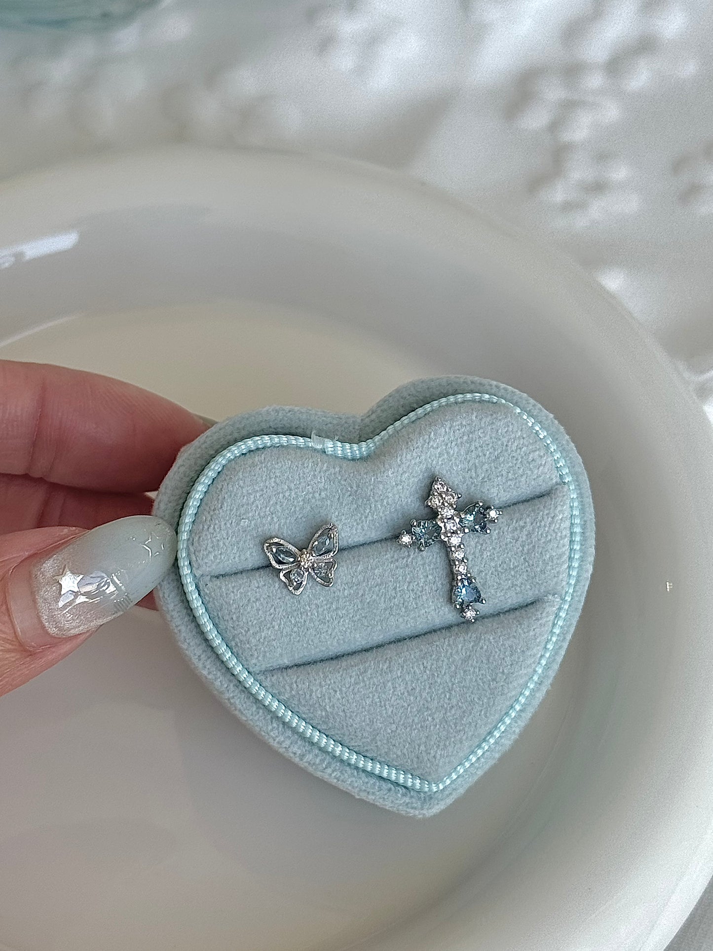 LolaWhite "Butterfly's Prayer" Ice Blue Butterfly & Cross Ear Studs