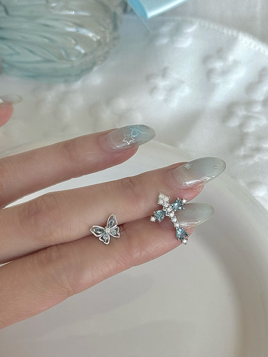 LolaWhite "Butterfly's Prayer" Ice Blue Butterfly & Cross Ear Studs