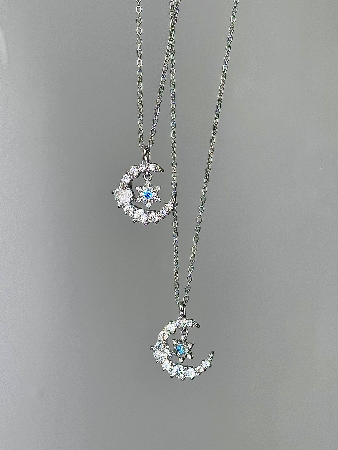 LolaWhite "Moonlight Snow Waltz" Blue Diamond Snowflake Pendant Necklace