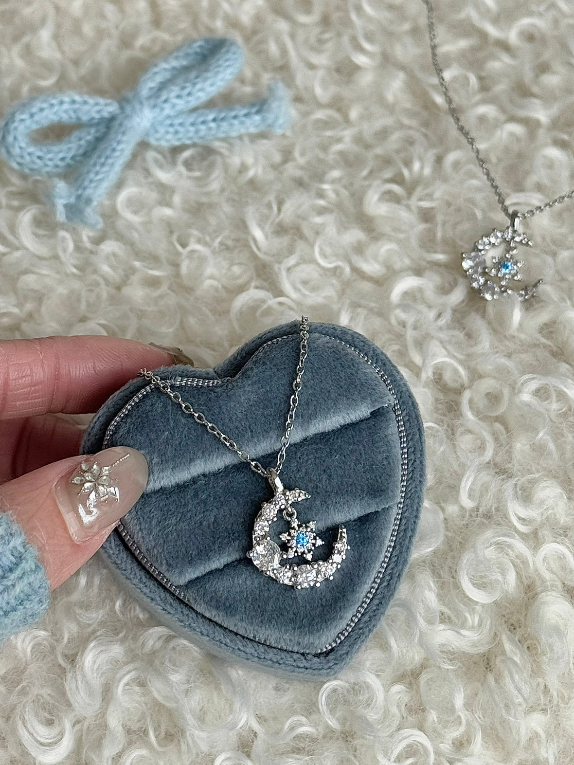 LolaWhite "Moonlight Snow Waltz" Blue Diamond Snowflake Pendant Necklace
