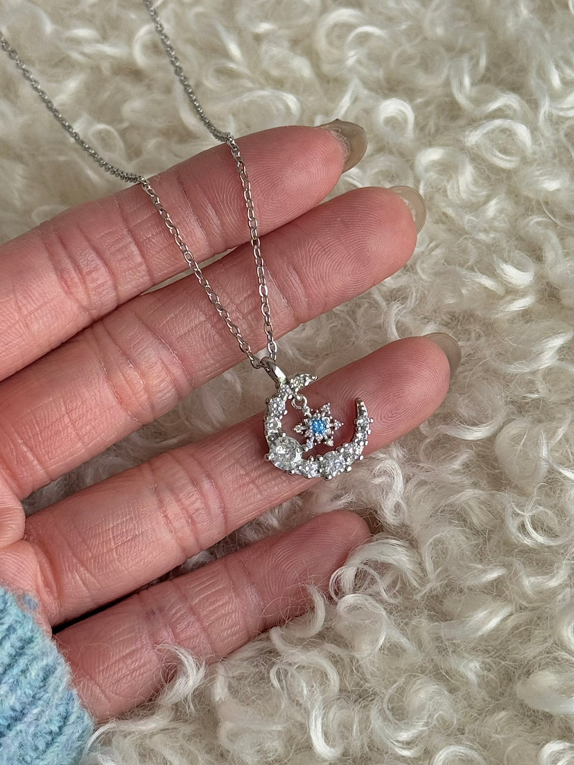 LolaWhite "Moonlight Snow Waltz" Blue Diamond Snowflake Pendant Necklace