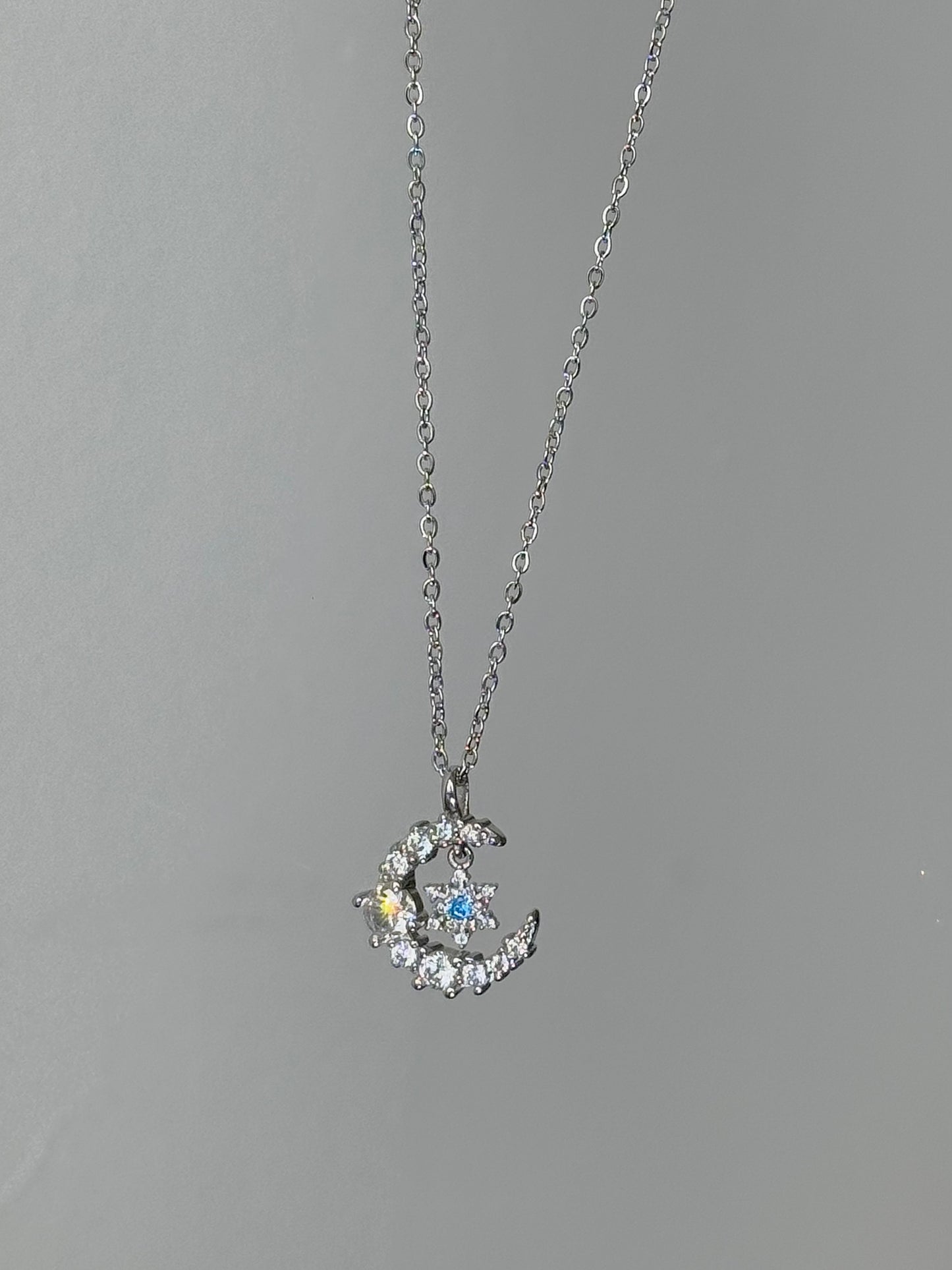 LolaWhite "Moonlight Snow Waltz" Blue Diamond Snowflake Pendant Necklace