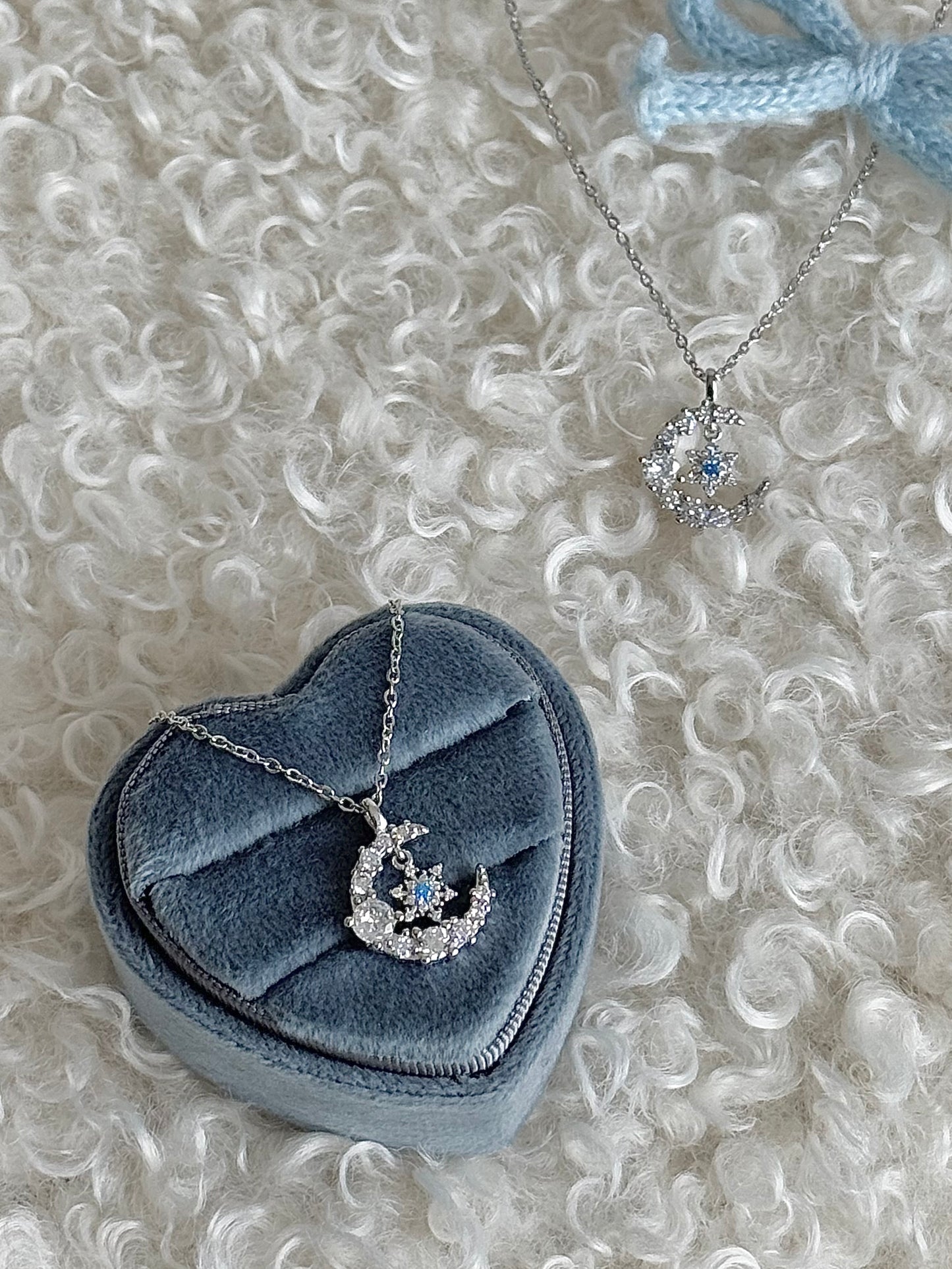 LolaWhite "Moonlight Snow Waltz" Blue Diamond Snowflake Pendant Necklace