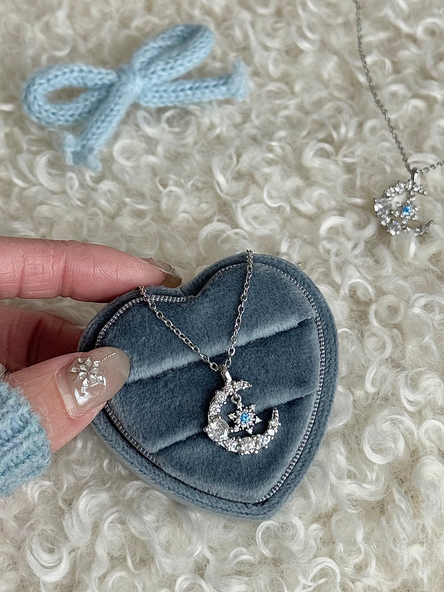 LolaWhite "Moonlight Snow Waltz" Blue Diamond Snowflake Pendant Necklace