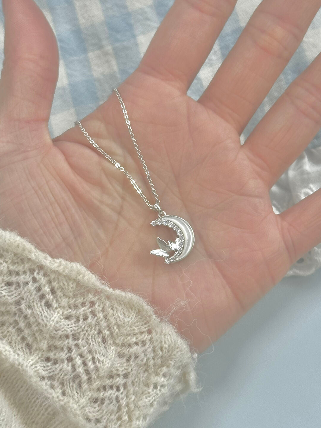 LolaWhite "Butterfly Gathering Moonlight" Designer Butterfly Zircon & Mother-of-Pearl Moon Necklace (Silver Plated)