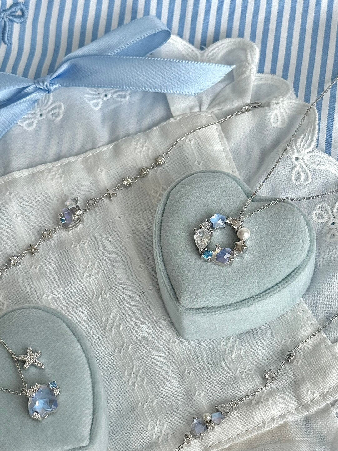 LolaWhite "Moonlight Coast" Solid S925 Sterling Silver Iridescent Starfish & Shell Necklace & Bracelet Set - Dreamy Marine Style