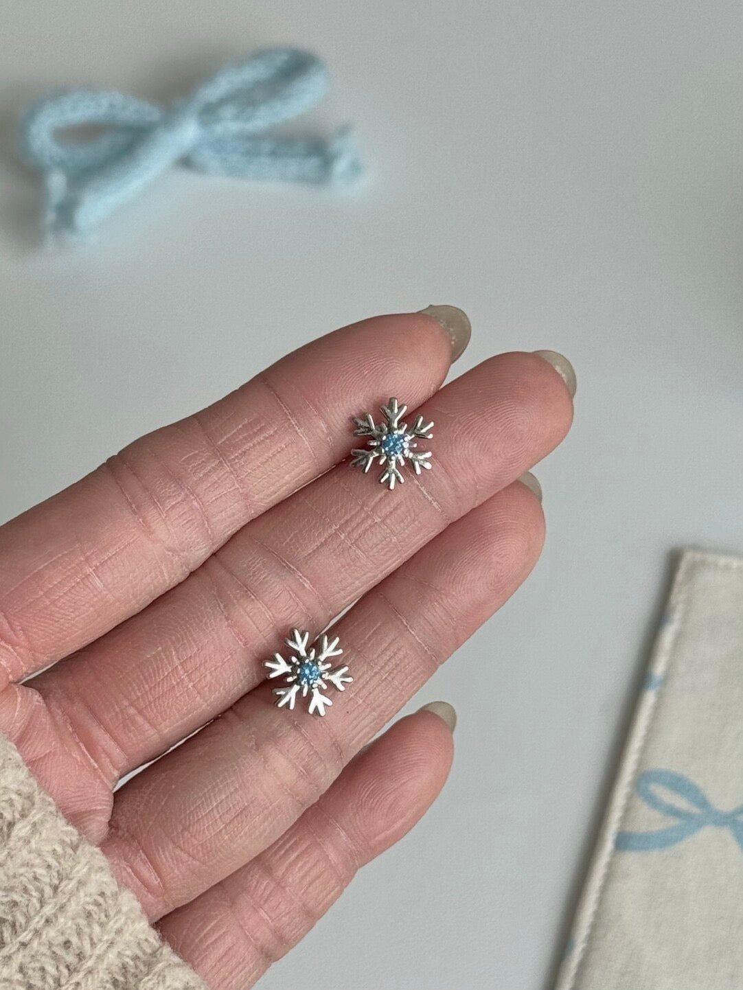 LolaWhite "Snowland Love Letter" Solid 999 Pure Silver Blue Zircon Snowflake Earrings&Cuffs