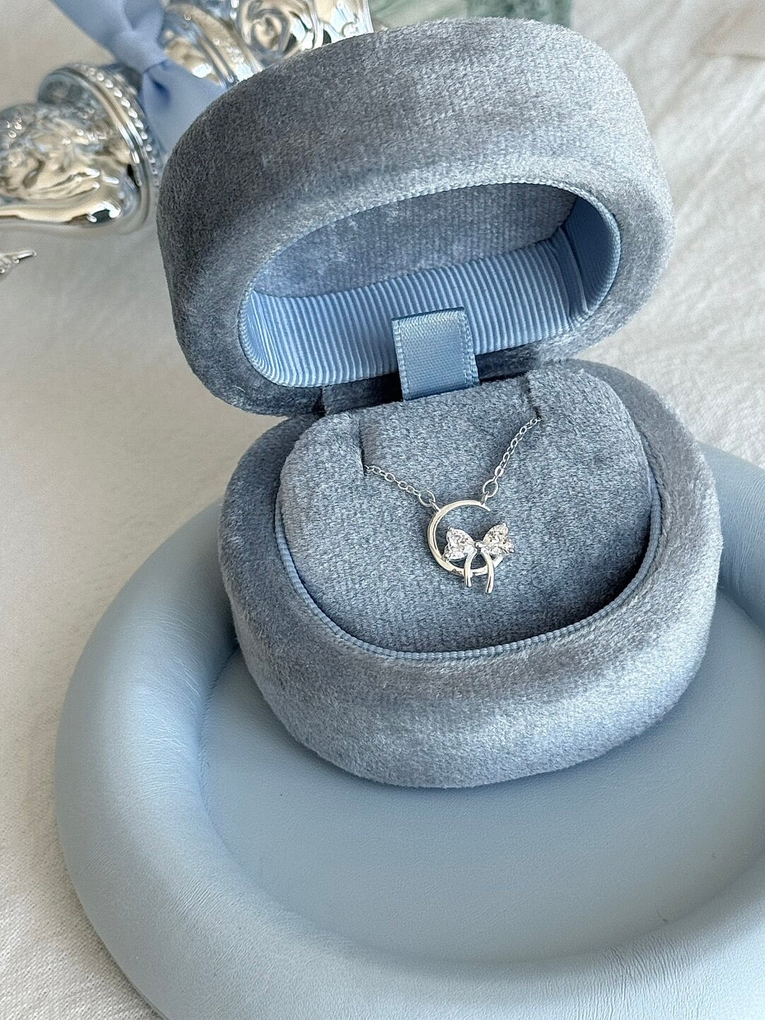 LolaWhite "Star-Moon Goddess" Solid S999 Pure Silver Crescent Moon & Bow Pendant Necklace with Zircon - Sweet & Feminine