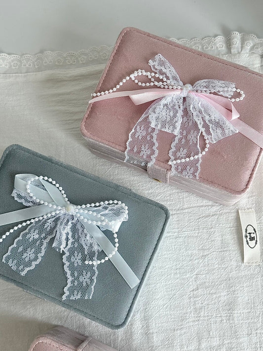 LolaWhite Double-layer Bow Lace Haze Blue Velvet Jewelry Box - Premium & Spacious