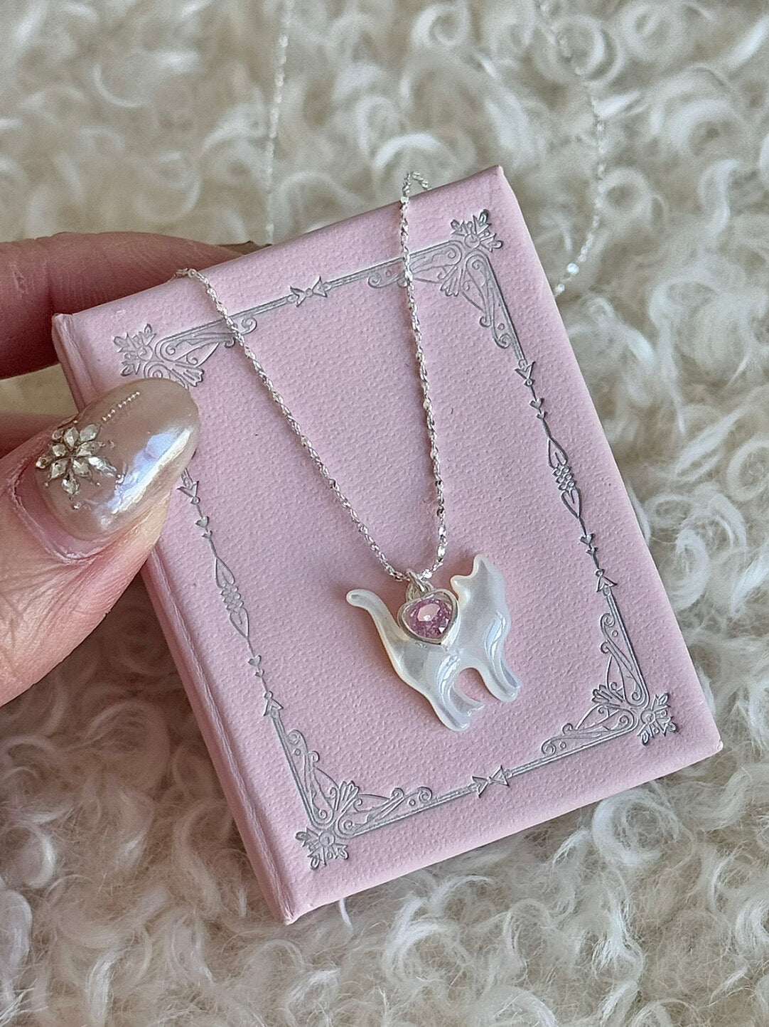 LolaWhite "Cloud Kitten" S925 Sterling Silver Mother-of-Pearl Cat Pendant Necklace with Heart Zircon - Playful & Sweet