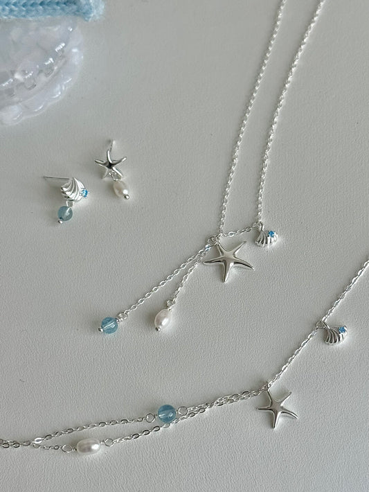 LolaWhite "Summer Bubbles" S925 Sterling Silver Starfish Jewelry Set with Aquamarine & Pearls - Fresh Marine Style